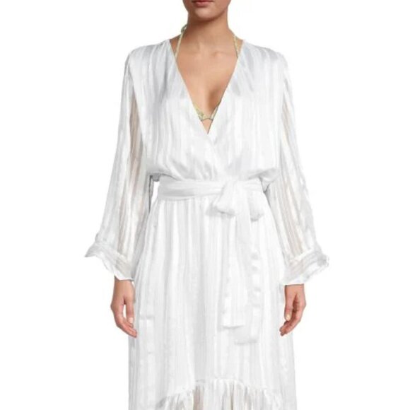 New Melissa Odabash Pearl White Look 9 Gold Striped Faux Wrap Midi Dress NWT - Picture 2 of 12